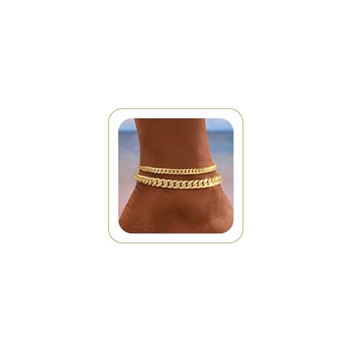 Gold Ankle Bracelets for Women Waterproof - Dainty Gold Anklets Trendy Layered 14K Gold/Silver Plated Stackable Chunky Cuban Link Chian Anklet Bracelet Set for Women Non Tarnish Beach Jewelry Gift