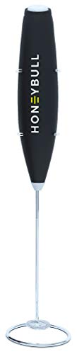 HoneyBull Milk Frother Handheld Stainless Steel Whisk Electric Foam Maker for Coffee, Latte, and Cappuccino | Milk Steamer | Stainless Steel Stand Included