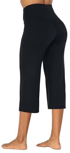 SUNZEL YOGA PANTS FOR WOMEN STRAIGHT WIDE LEG CAPRIS HIGH WAISTED LOUNGE CROP PANTS (21″ INSEAM, BLACK, L)