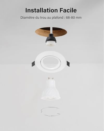 Leselux GU10 Recessed Spotlight Set, 10 Pieces White Spotlight Frame with GU10 Socket, Round Mounting Frame Spotlight, 60° Swivel, Mounting Hole Diameter 68-80 mm, 230 V, for LED or Halogen Lamps