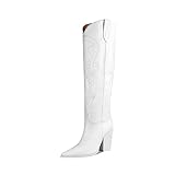 ISNOM White Cowboy Cowgirl Boots for