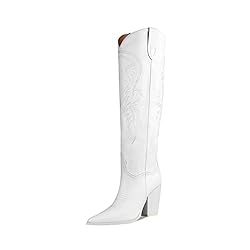 ISNOM White Cowboy Cowgirl Boots for