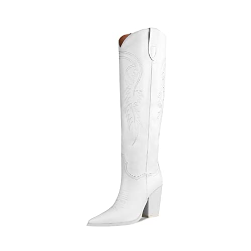 ISNOM White Cowboy Cowgirl Boots for