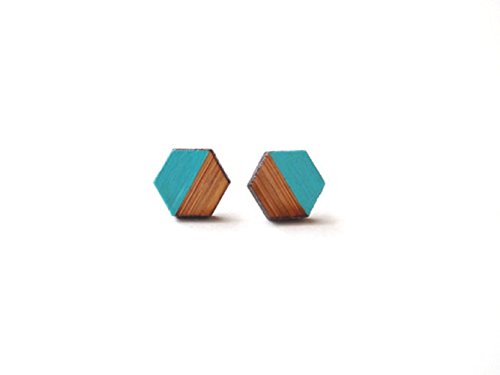 Teal Hexagon Earring - Geometric Wooden Earrings - Teal Earring Studs - Modern Earrings - Minimalist