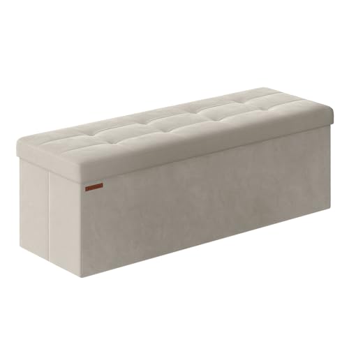 SONGMICS Sitzhocker mit Stauraum, klappbare Sitzbank, 38 x 110 x 38 cm Fußbank, Aufbewahrungsbox, bis 300 kg belastbar, für Wohnzimmer Schlafzimmer Fl