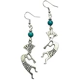 Kokopelli Charm Earrings with Turquoise Colored Stone Beads on Sterling Silver Earwires, Southwest