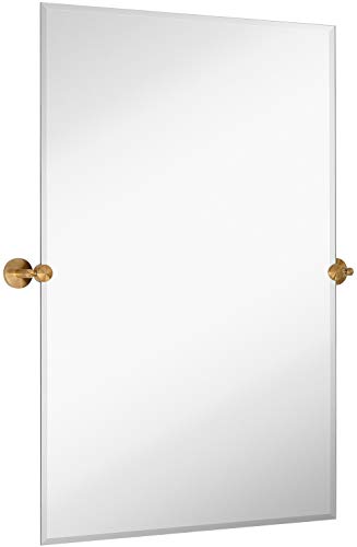 Hamilton Hills Large Tilting Pivot Rectangle Mirror with Brushed Gold Wall Anchors | Silver Backed Adjustable Moving & Tilting Wall Mirror | 24" x 36" Inches