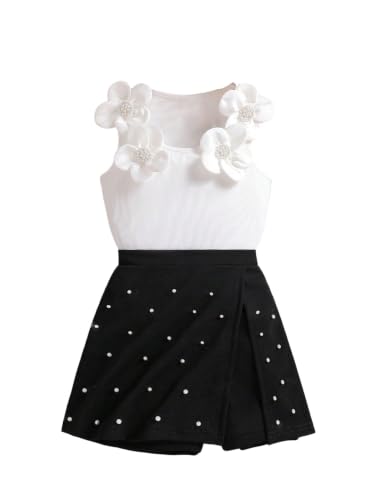 OYOANGLE Girl's 2 Piece Cute 3D Floral Pearl Shorts Set Sleeveless Tank Top Slit Hem Shorts Outfits Black 11Y at Amazon