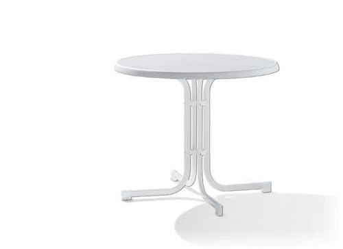 Sieger 209/W Boulevard-Klapptisch mit mecalit-Pro-Platte Ø 86 cm, Stahlrohrgestell weiß, Tischplatte Marmordekor weiß