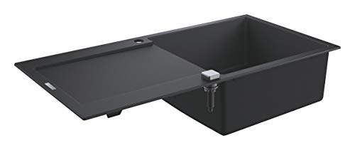 GROHE K500 - Quartz Composite Kitchen Sink with Drainer (Reversible Top Mount, Overflow and Automatic Waste Fitting with Rotary Handle, 1 Bowl 48 x 44 x 20 cm), 100 x 50 cm, Granite Black, 31645AP0