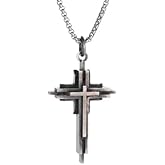 WOOCARE Men's Layered Cross Pendant Necklace, Vintage Metal Multi-Layer Cross Necklace with Stainless Steel Chain