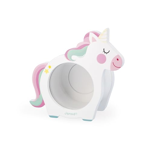 Janod - J04655 Children's Unicorn Money Box 18x17 cm - Teaching Kids Magical Unicorn Design - Transparent Savings View - Eco-Friendly Materials - J04655