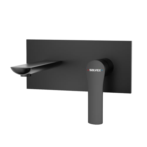 SOLVEX Moderno Grifo de Baño de Montaje en Pared, Monomando Grifo para Lavabo de Baño, Llave Monomando para Lavabo Latón, Grifo de Fregadero de Baño Con Válvula Rugosa, Negro Mate, SP-91003-N