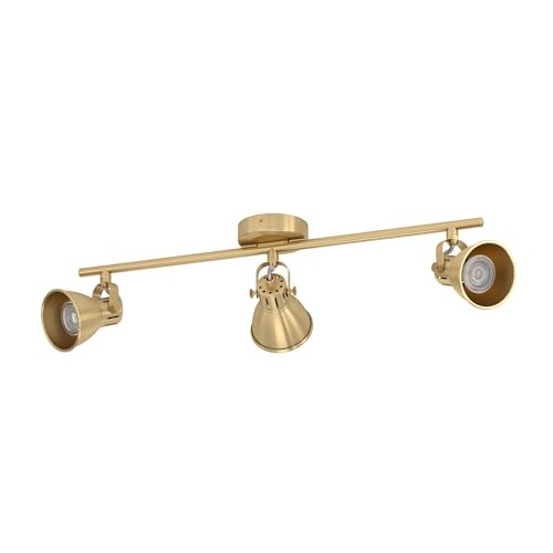 EGLO LED Deckenlampe Seras, Deckenleuchte mit 3 Spots, Spotbalken schwenkbar, Wohnzimmerlampe aus Stahl in Messing-gebürstet und gold, Deckenspots mit GU10-Leuchtmittel, warmweiß