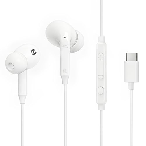 MAS CARNEY USB C Headphones, 3 Silicone Earpads (L/S/M), with Microphone and Cable Control, Type-C In-Ear Headphones for iPhone 17/16/15 Series (Pro, Max, Plus, Air), Samsung, Xiaomi and Mobile