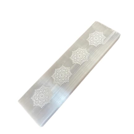 Natural Selenite Wand Charging Plate | Thick Crystal Bar for Healing, Spells, Chakra Cleanse. Etched Mandala Design