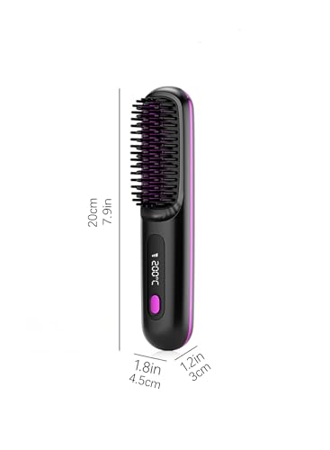Portable Cordless Hair Straightener Brush, 200M Ionic Care Thermal Comb with Anti-Scald Ceramic Plate and 3 Temperature Setting, for Women (Black)