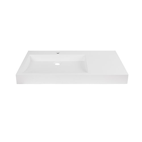 MAYKKE 32" Darby Solid Surface Wall Mount Sink on Left, with Counterspace | Rectangular, Scratch-Resistant, Modern Bathroom Lavatory Sinktop | Matte White, JZA1100120