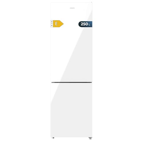 Cecotec Bolero CoolMarket Combi 250 White Glass E. 250 L capacity, Total No Frost, Multi Airflow, adjustable humidity drawer, and horizontal bottle rack.
