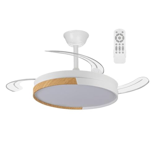- Ventilador de techo con aspas retráctiles, Ventilador de techo con luz LED Arpino Blanco+Madera CCT 3000-4000-6000K, Intensidad Regulable 48W, Silencioso