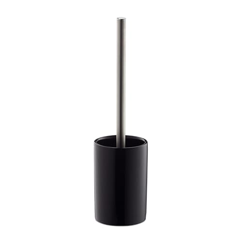 Relaxdays Set di Scopino e Portascopino in Ceramica, per Bagno e WC, Testa Sostituibile, 36 cm, da Toilette, Nero