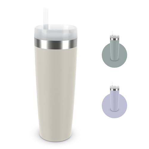 Emsa Travel Mug Cool Isolier-Trinkbecher, Fassungsvermögen von 0,5 L, aus Edelstahl, inkl. Strohhalm, 3 Deckelpositionen, herausragende Isolierung, Hellgrau, N2015800