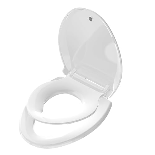 Aünsffer Family Toilet Seat Elongated, Built-in Toddler Potty Training Seat, Baby Toilet lid 2 in 1 Soft Close Quiet with Magnet, Easy Clean PP Material Safe and No Loosen (White Elongated 18.5 Inch)