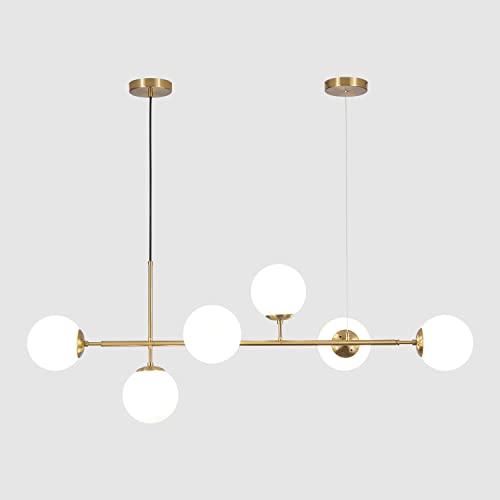 KCO Lighting 6 Light Milky Glass Chandelier, Modern Linear Globe Chandelier, White and Gold Pendant Lamp Mid-Century Rectangular Chandelier for Kitchen Island