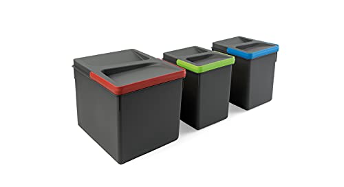 Emuca - Recycle Containers for kitchen drawers, Height 216mm (8,5 inch), 1x12L + 2x6L, Anthracite grey plastic, Plastic