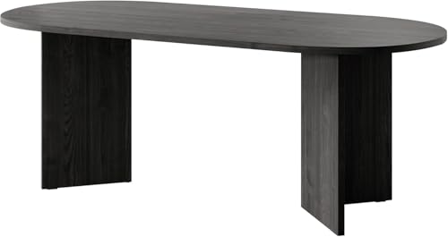 SELSEY Ovo Wood Dining Table 204x90x75cm, Ash Portland Oval Non-Extendable Design, Seats 6 to 10, Scratch & Moisture Resistant Laminated Top with ABS Edges, Floor-Safe Black Feet
