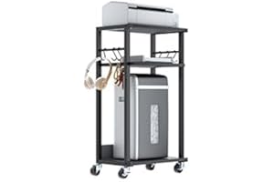 YMYNY Mobile Printer Stand, 3-Tier Printer Cart with Adjustable Storage Shelf and 6 S-Hooks, Tall Printer Table for Home Office, for Computer Tower Stand, Shredder, CPU Stand, Black, UHPT002B