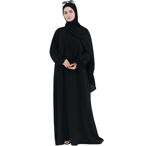 Women Muslim Dress Middle East Arabian Robe Islamic Modest Dress with Hijab Scarf Lace Sleeve Flowy Abaya Dress