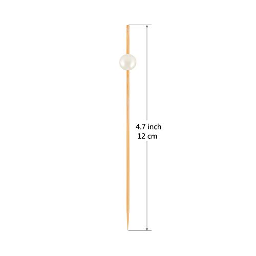 Bamboo Cocktail Picks 4.7 Inch, Handmade Party Toothpicks - Decorative Skewers for Appetizer, Drink, Fruit, Sandwich of Wedding, Baby Shower, and Tea Party. (White Pearls, 100 Counts)