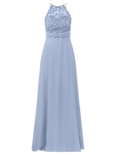 Apart Damen Chiffon Spitze langes Abendkleid, Neckholder Hochzeitskleid, stylischer schmaler Cut-Out im Rücken, ärmelloses Partykleid, Nackenträger, Reißverschluss in der hinteren Mitte, Rauchblau
