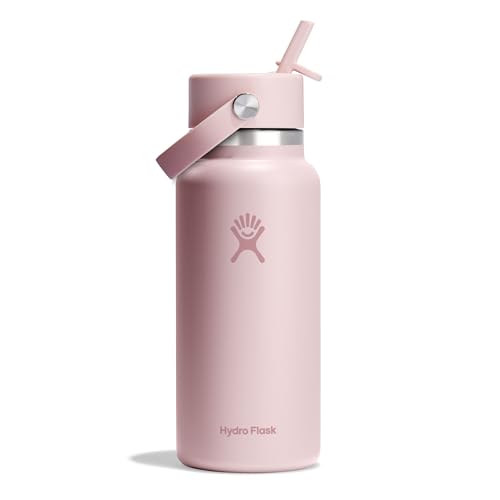 HYDRO FLASK - Wide Mouth Water Bottle 946 ml (32 oz) - Vacuum Insulated Stainless Steel Water Bottle with Flex Straw Cap - Trillium, Pink