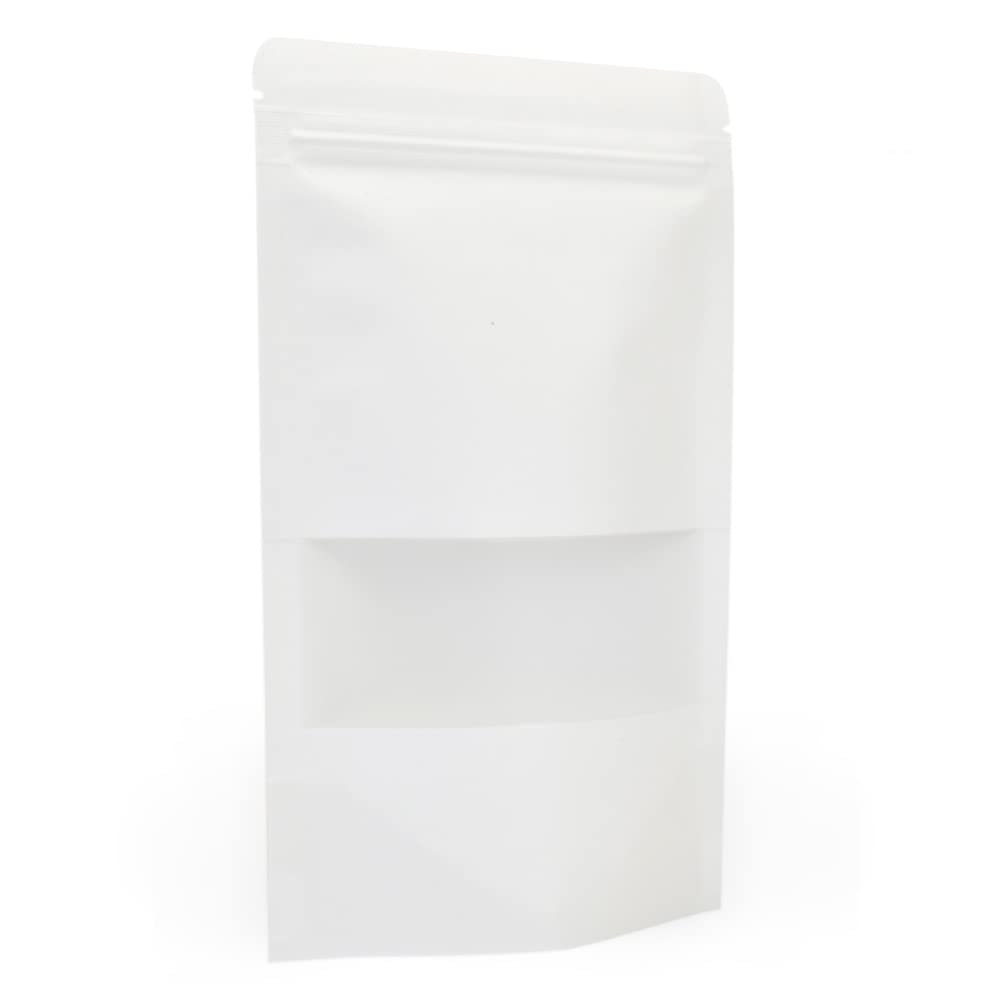 Evergreen Goods 50Pcs White Self Standing Product Packaging Bags with Window (120x200 mm), Reusable Zip Lock/Heat Sealable for Tea, Coffee Beans, Nuts, Seeds, Dried Fruits