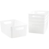 Isaac Jacobs 5-Pack Medium White Storage Bin Set (9.5" x 6.5"x 4") | w/Cut-Out Handles, Plastic Organizer, Multi-Use, Home, Office, Pantry, Closet, Kitchen