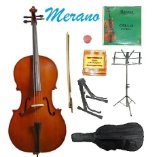 MERANO BRAND 4/4 Size Natural Cello with Bag and Bow+Rosin+Extra Set of MERANO Brand Strings+Tuner+Cello Stand+Music Stand

