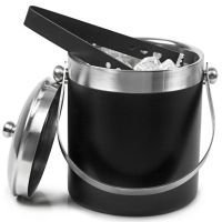 King International Black Double Walled Stainless Steel Insulated Ice Bucket With Lid and Ice Tong [1.75 Liter] | Keeps Ice Cold For 6 h with Handle | Great bar tools For home bar accessories, mini bar, Wine