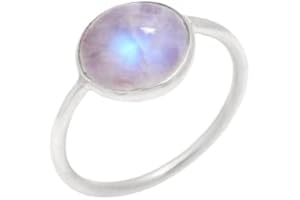 Natural Rainbow Moonstone Round Blue Fire Gemstone 925 Sterling Silver Solid Band Women Ring All Sizes 4-14 (US)