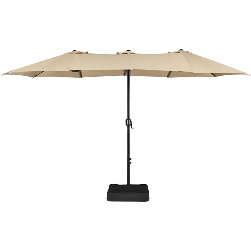Yaheetech 15 ft Triple-size Patio Umbrella w/Base Included - Market Extra-Large Double Sided Umbrella - Twin-size Patio Parasol w/Easy Crank & 12 Strong Ribs & Ventilation Openings,Tan