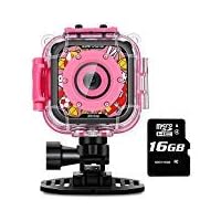 Kids Camera, iMoway Waterproof Video Cameras for Kids HD 1080P Kids Digital Cameras Camcorder with 16GB Memory Card, Card Reader and Floating Hand Grip (Pink)