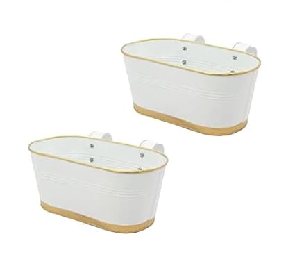 Pottery Studio Metal Railing Double Hook Planter with Detachable Handle, White, 30.5 x 15 x 12.5 cm, 2 Pieces (PS-HMP-9)