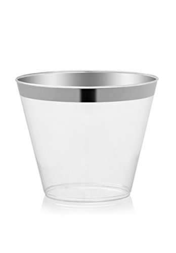 DRINKET Silver Plastic Cups 9 oz Clear Plastic Cups / Tumblers Fancy Plastic Wedding Cups With Silver Rim 50 Ct Disposable For Party Holiday and Occasions SUPER VALUE PACK