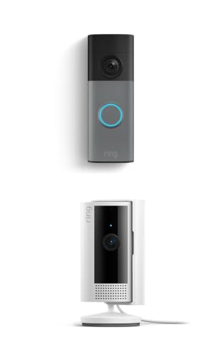 Ring Battery Doorbell (newest model), Speckled Gray with Indoor Cam, White