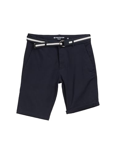 TOM TAILOR Pantalones Cortos Chinos Ajustados para Hombre con cinturón, 29298 - Navy Black Dobby, 30