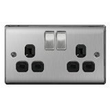 Pck 5 - BG-Nexus-Metal Double 13A Plug Socket,Brushed Steel Finish,Black Inserts