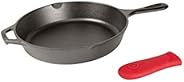 Lodge Cast Iron Skillet, Pre-Seasoned with Silicone Hot Handle Holder , 10.25 Inch Dia, Black/Red Silicone (L8
