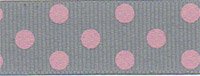 Berisfords 15 mm Polka Dot Spotty Grosgrain Ribbon, Grey/Pink
