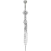 Clear Gem Drop Chain Dangle Belly Button Ring - 316L Surgical Steel